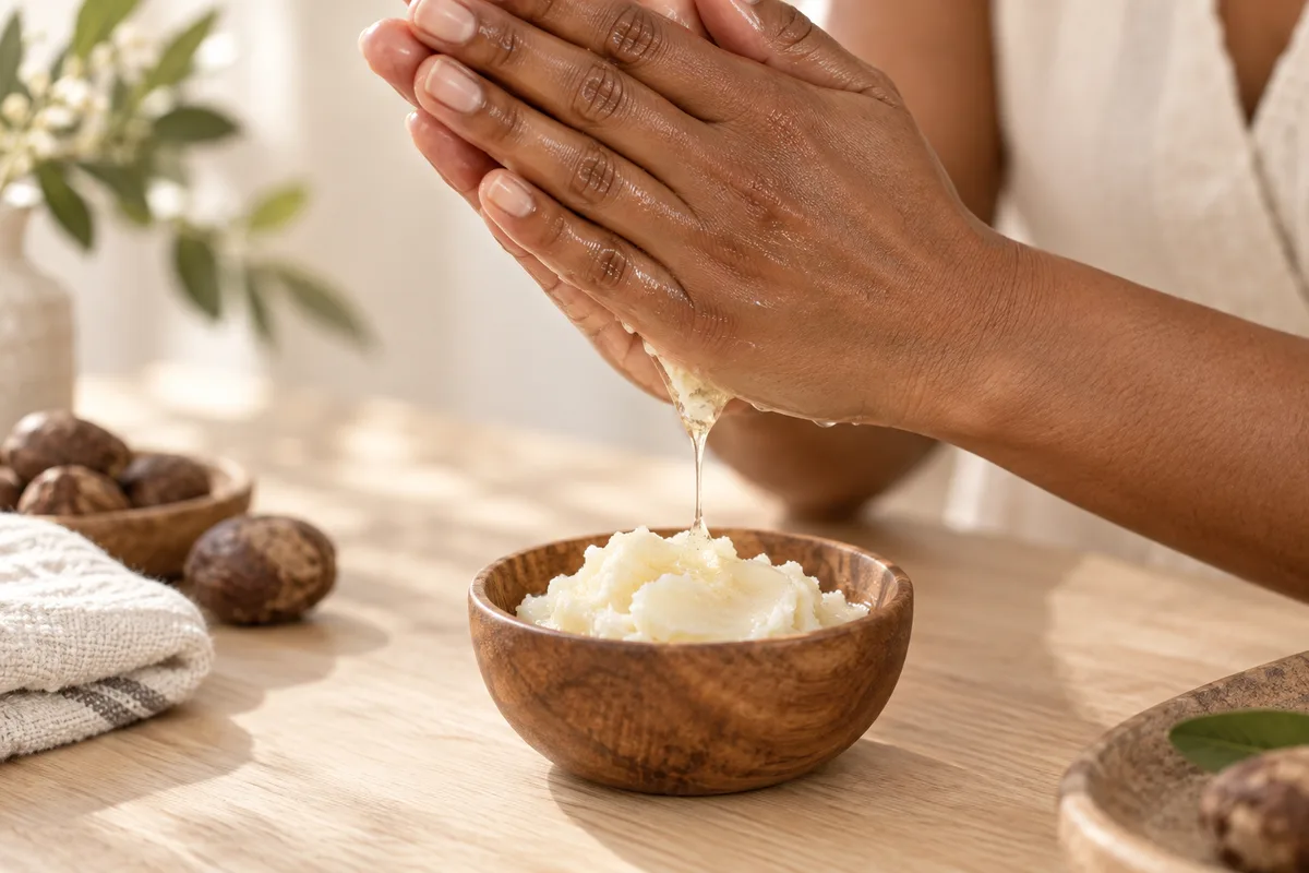 Mains qui font fondre une noisette de beurre de karité entre les paumes au-dessus d&rsquo;un bol en bois