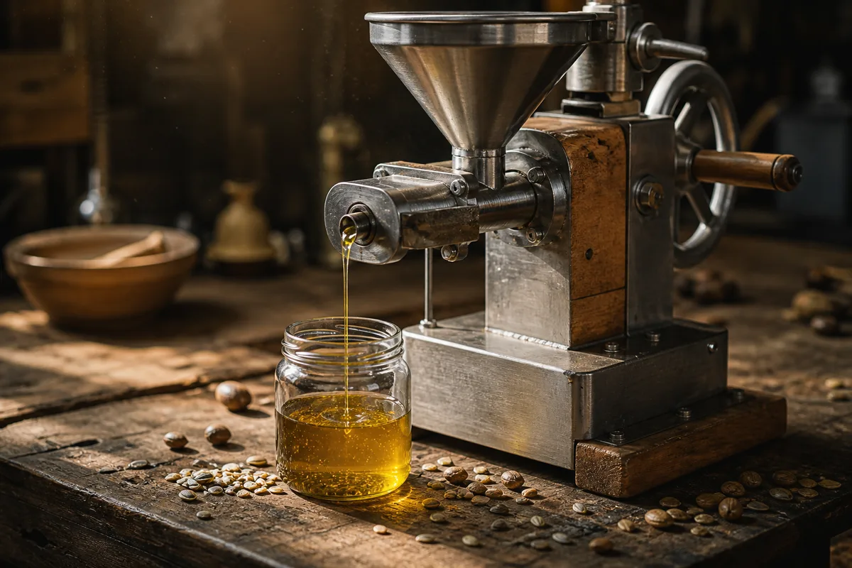 Presse à froid artisanale laissant couler un filet d’huile végétale dans un bocal en verre