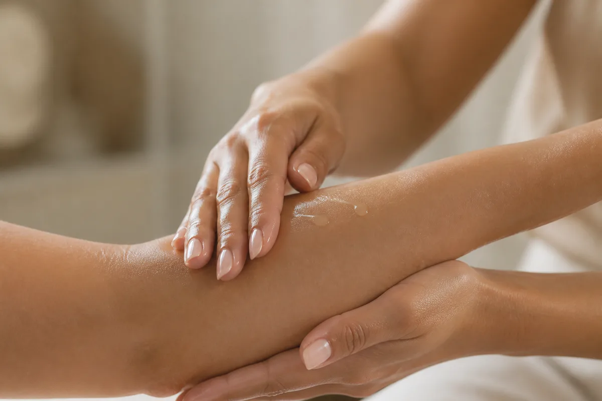 Mains appliquant quelques gouttes d’huile végétale sur un avant-bras