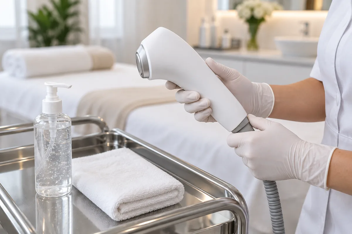Mains gantées tenant la pièce à main d&rsquo;un appareil de lipocavitation en cabine