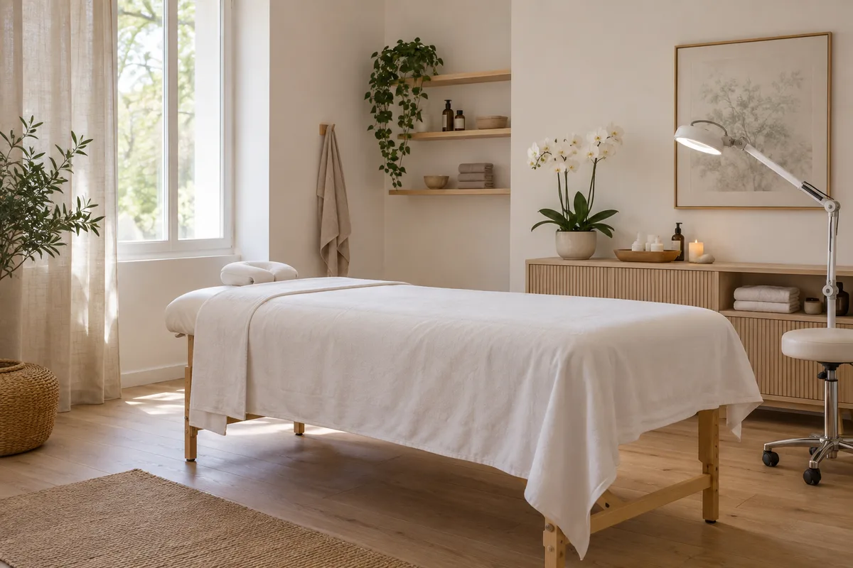 Cabine d&rsquo;institut épurée avec table de soin, lampe articulée et orchidée blanche