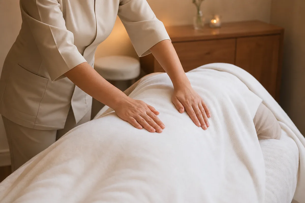Esthéticienne réalisant un modelage du dos dans une cabine d’institut de beauté à la lumière tamisée