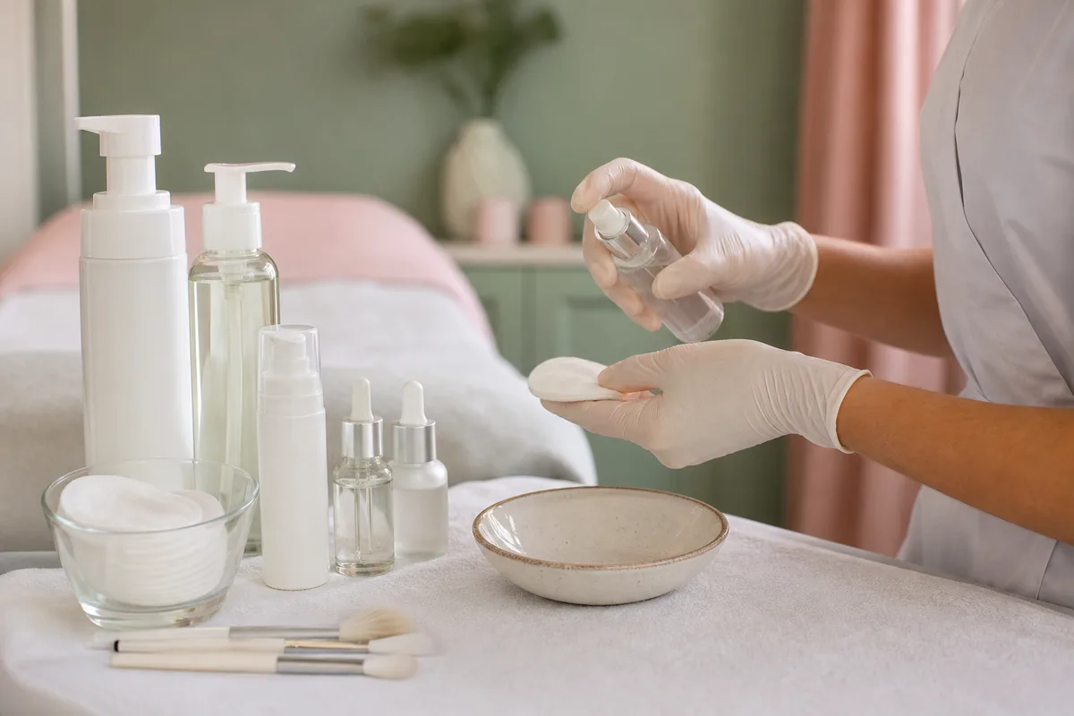 Poste de travail d’un institut de beauté avec produits de soin alignés et lumière naturelle