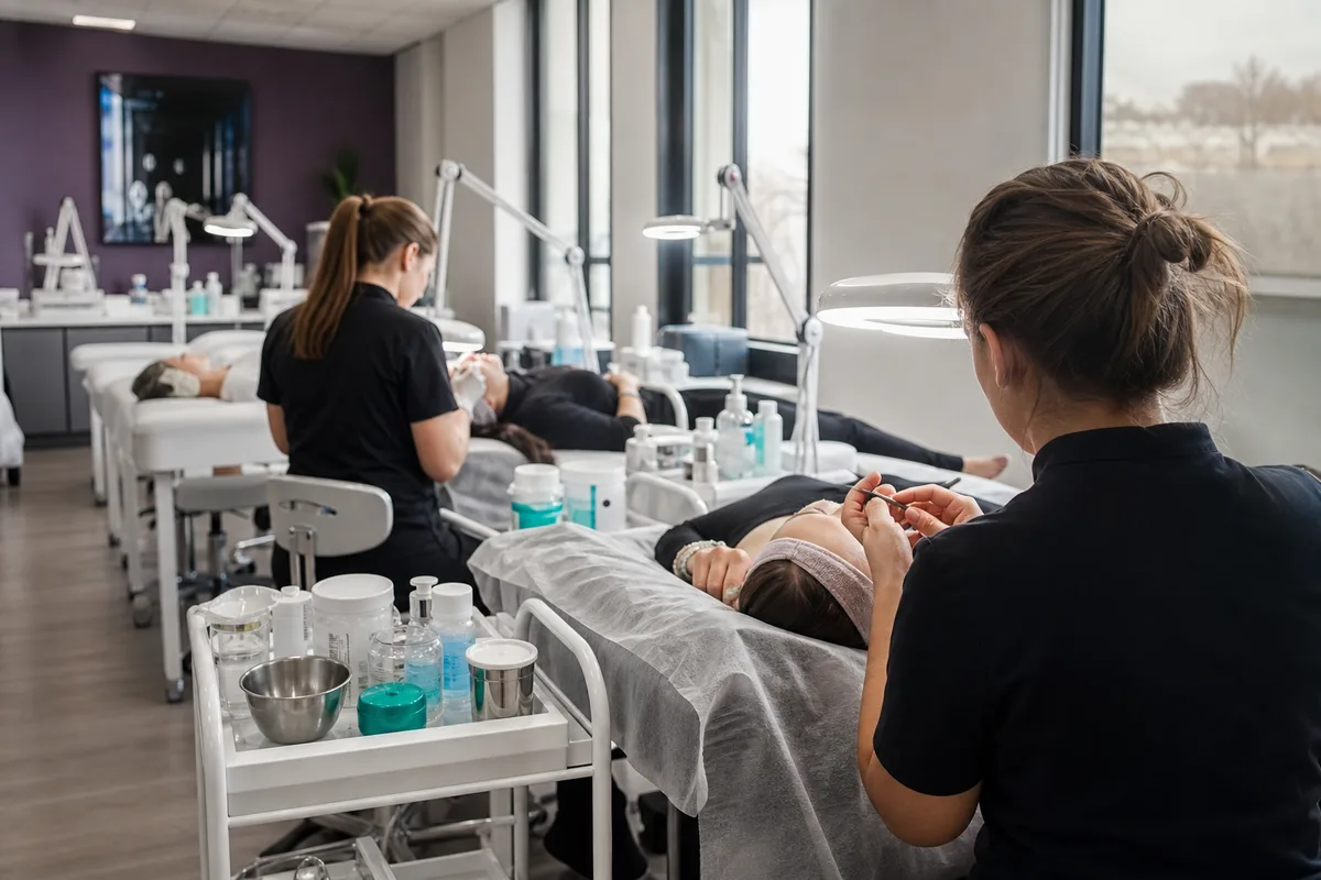 Élèves d’une formation beauté s’exerçant sur modèles dans une salle de pratique claire