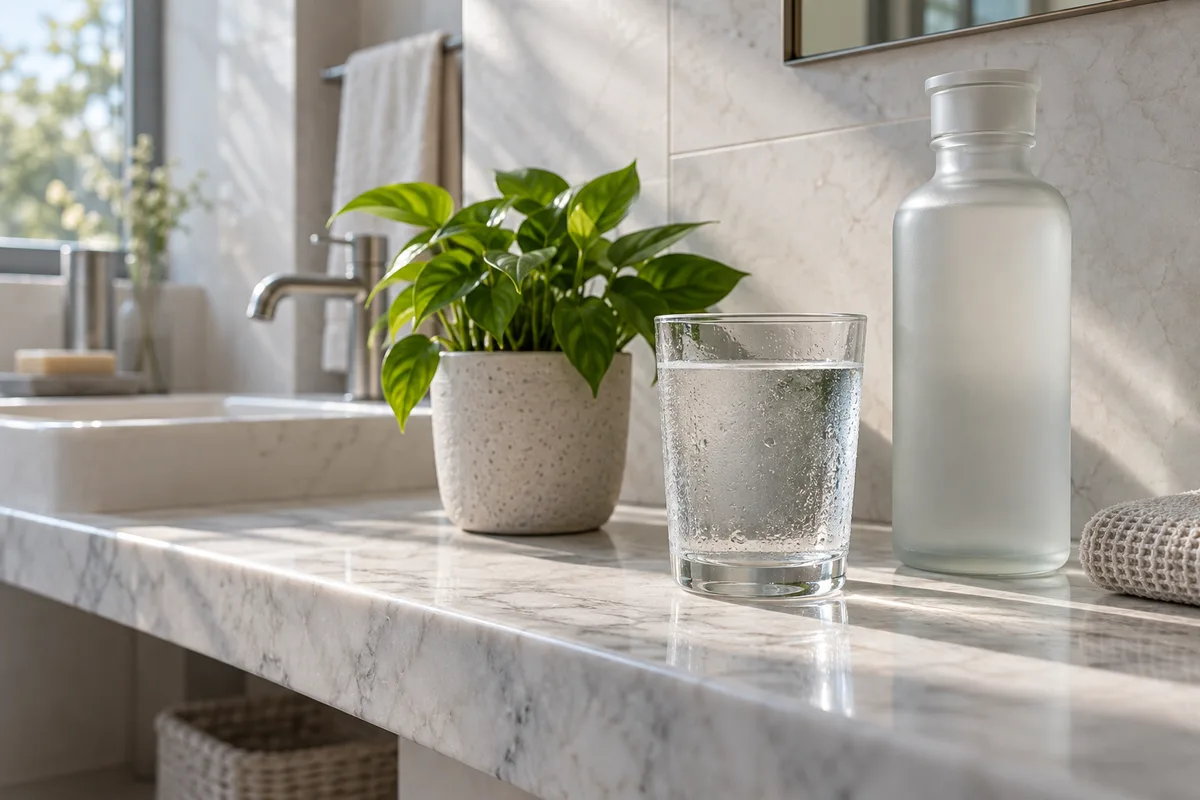 Verre d&rsquo;eau fraîche et flacon en verre dépoli sur une table de salle de bain en marbre clair