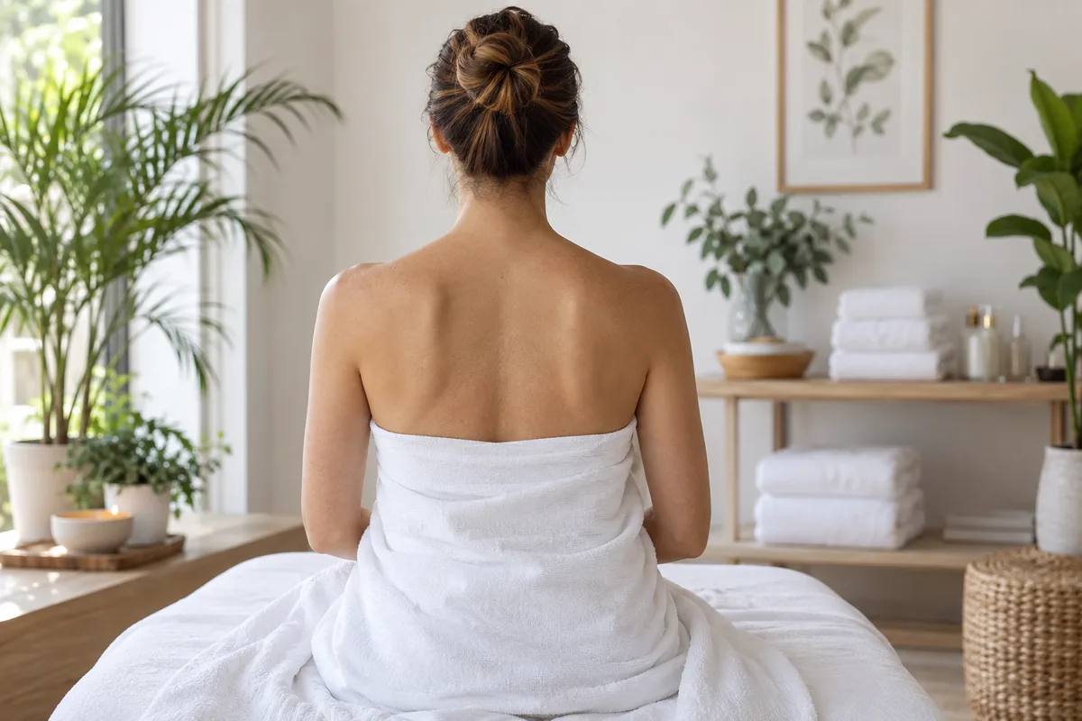 Femme vue de dos, épaules nues sous un drap blanc, dans une cabine d&rsquo;institut lumineuse