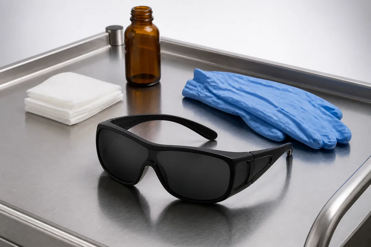 Lunettes de protection posées sur une desserte inox dans une salle de soin lumineuse