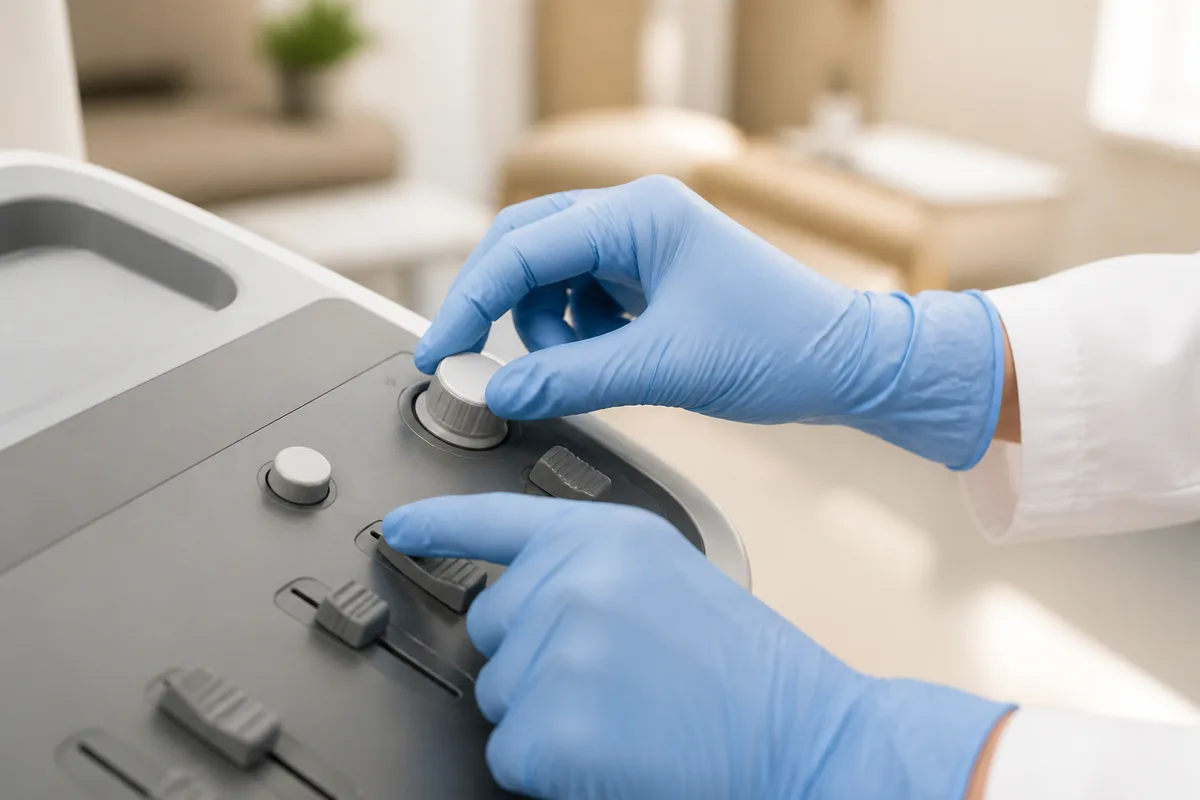 Mains gantées réglant un panneau de commande neutre dans un cabinet médical