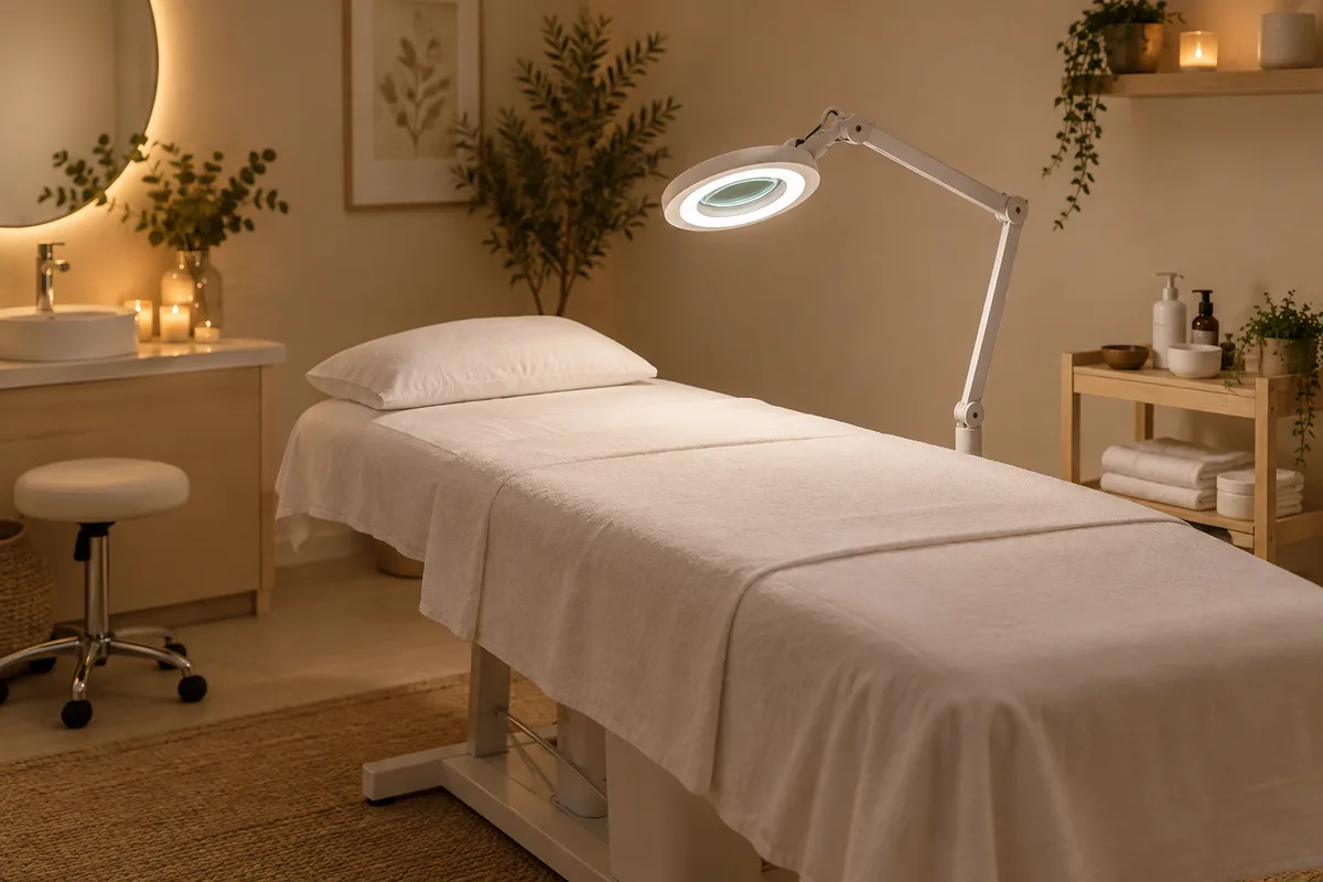 Cabine d’institut vide avec table de soin, coussin blanc et lampe loupe allumée