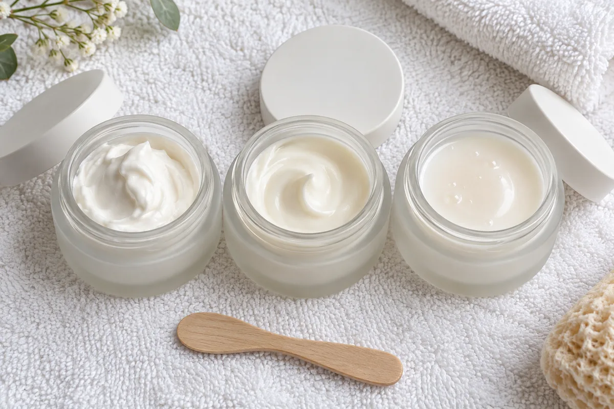 Trois pots de crème en verre dépoli ouverts, de la texture riche à l’émulsion fluide, sur une serviette éponge