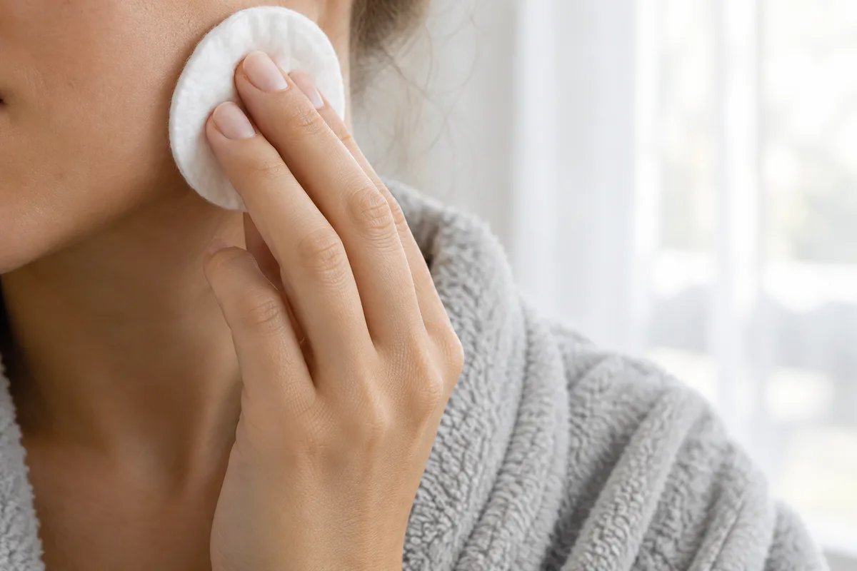 Mains qui tamponnent délicatement une joue avec un coton blanc près d’une fenêtre