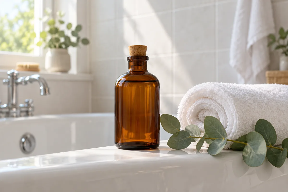 Flacon d&rsquo;huile de massage ambré et serviette roulée sur le rebord d&rsquo;une baignoire